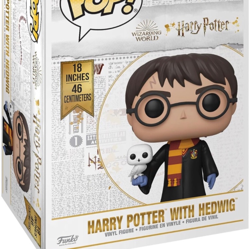 Pop! Harry Potter holds his owl, Hedwig, for their 18-inch Pop!.